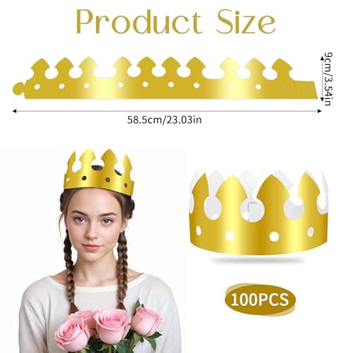 Golden King Birthday Crown, 100pcs Adjustable Paper Hats for Party Photo Props