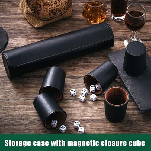 Liliful 2 Set of Leather Dice Cups with 50 Dice and 2 Storage Cases - Perfect Gift for Liars Dice Game, Craps, Backgammon Parties (Black)