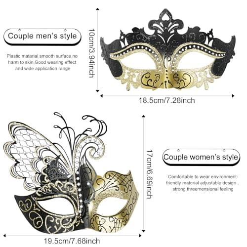 Couples Masquerade Mask Set for Venetian Party, Halloween Costume, Mardi Gras, Prom Ball