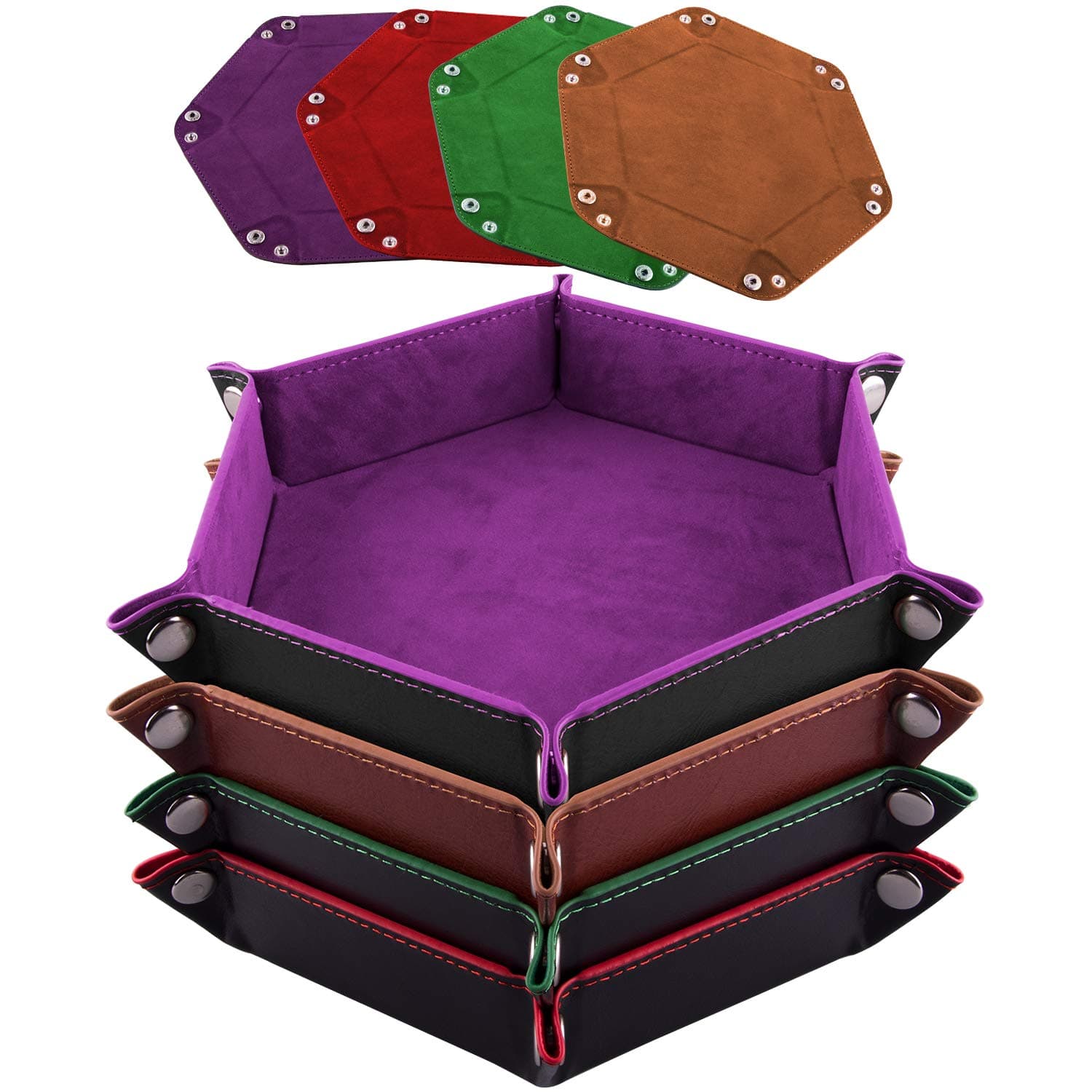 Foldable Dice Tray Set for RPG, DND and Table Games - 4 Hexagon Holders in Violet, Coffee, Green, and Red